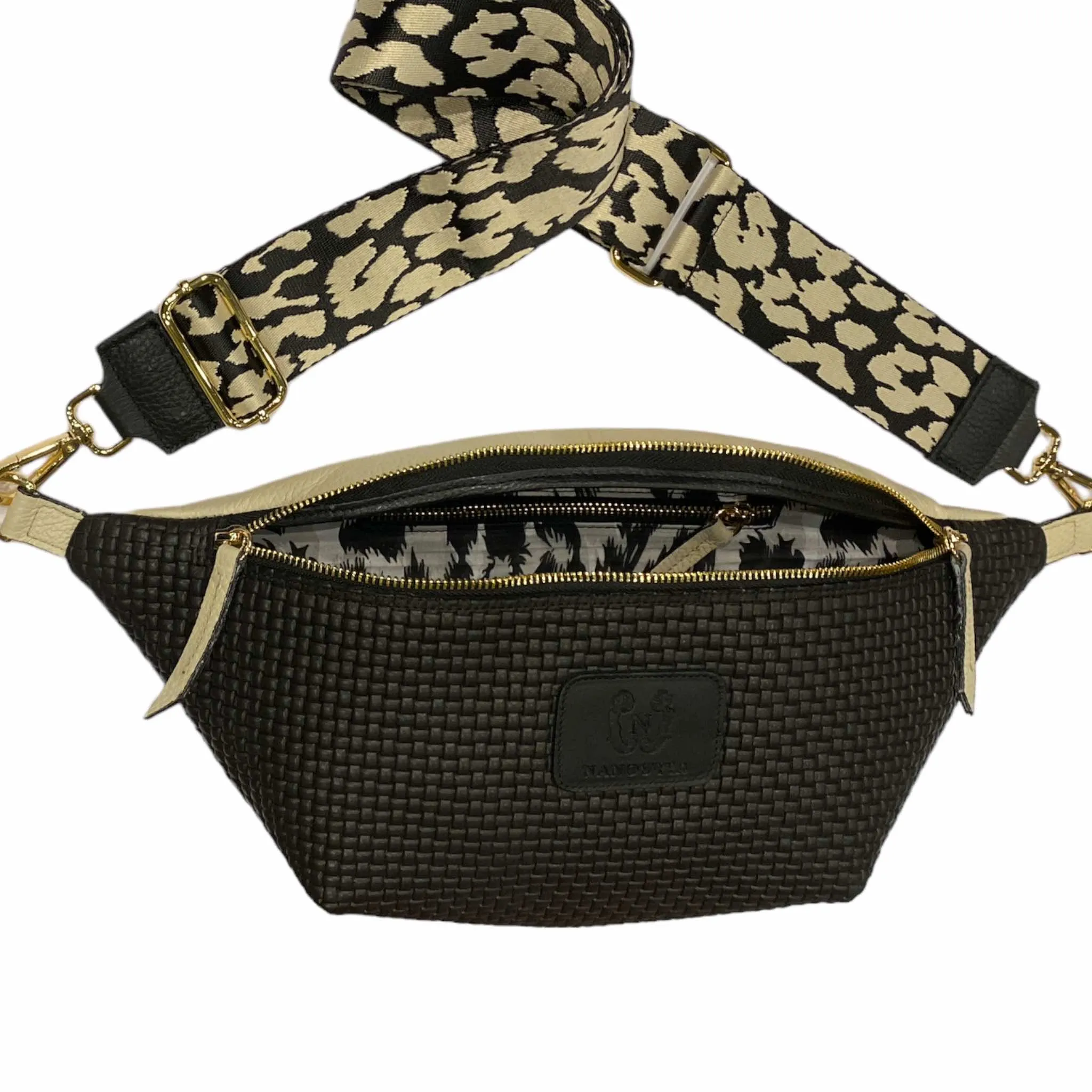 XL. BLACK WITH BEIGE STATEMENT BELT BAG