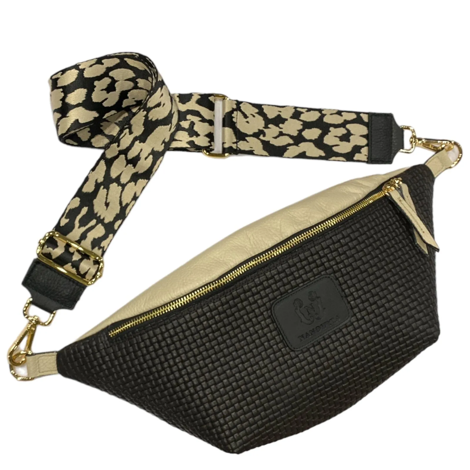 XL. BLACK WITH BEIGE STATEMENT BELT BAG